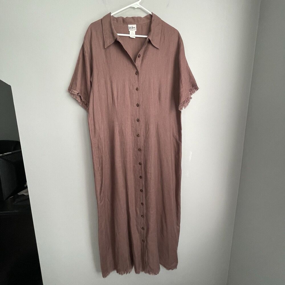 Kiko 100% Linen Shirt Maxi Dress Size L Button Up Brown Short Sleeve Boho Comfy
